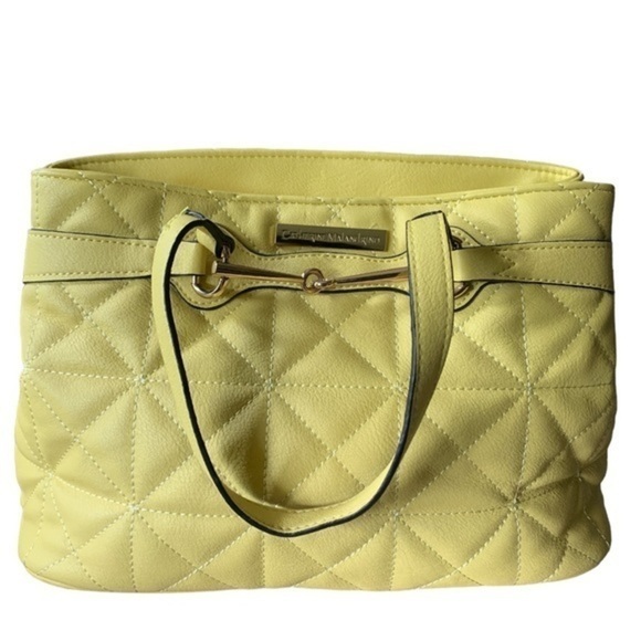 Catherine Malandrino Diamond Quilted Yellow Tote Ladies Handbag Vegan Leather - Picture 1 of 14